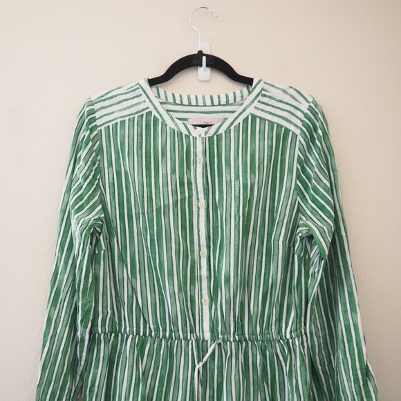 * LOFT Green Striped Tab Sleeve Button Flounce Dress sz L - Picture 3 of 6
